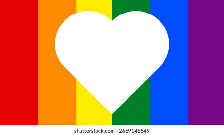 Rainbow pride flag variation with bold stripes and central white heart, LGBTQ+ equality illustration for inclusivity, social awareness, human rights, pride celebrations, and diversity events