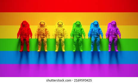 Rainbow Pride Vibrant LGBTQ Astronaut Space Woman Space Man Retro Technology Line Up 3d Illustration Render