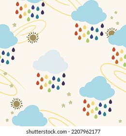 Rainbow Rain Seamless Pattern Or Background. Hand Drawn Style, Sun, Star, Wind, Blue Cloud, Rainbow Color, Rain, Cream Color Background