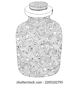 The Rainbow Is Sealed In A Bottle. Marinade With Rainbow Flavor.  Emotions In The Jar. Black Illustration.