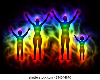 Rainbow silhouette with aura and chakras - family