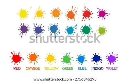 Rainbow splash background. Set of colored blots on the white background. 12 +7  colors set. Rainbow colors. back to school. art and craft projects, scrapbooks.  Splash splatter abstract shape. Spectrum color palette set isolated on white. name of the paint colors.  illustration