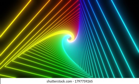 Rainbow triangle tunnel. Seamless 4K animation. Abstract motion screen background with animated loop box. Glowing neon frames with bright colors on a black background. 3D rendering