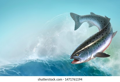 Rainbow trout fish on white background. Chinook Salmon, Salmon, Snout fish big realistic isolated illustration. Atlantic trout. Summer sea waves background.