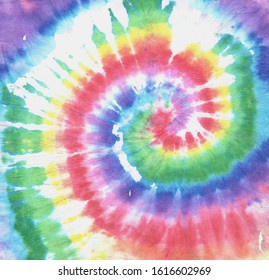 Rainbow Tye Dye Spiral. Dyed Pattern. Rainbow Psychedelic Round. Fabric Design. 70s Style Background. Colorful Tye Die Swirl. Funky Pattern. 60s Effect Background. Colorful Tie Die Swirl.