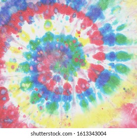 Rainbow Tye Dye Spiral. Funky Texture. Rainbow Watercolor Print. Fabric Design. 70s Style Background. Colorful Tie Die Swirl. Dyed Pattern. 60s Style Background. Colorful Tye Die Spiral.