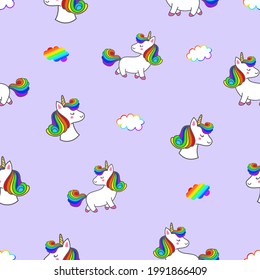 Rainbow unicorns and clouds on lilac purple background, seamless pattern