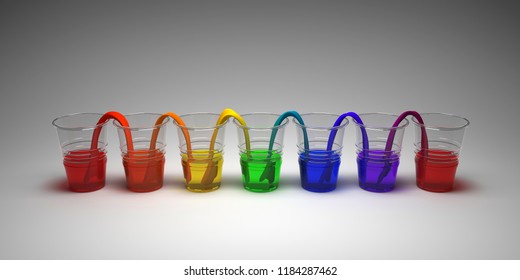 Rainbow walking water experiment on empty background. Concept of science. Glasses in row with colored water and wet paper between. 3D Render. - Powered by Shutterstock