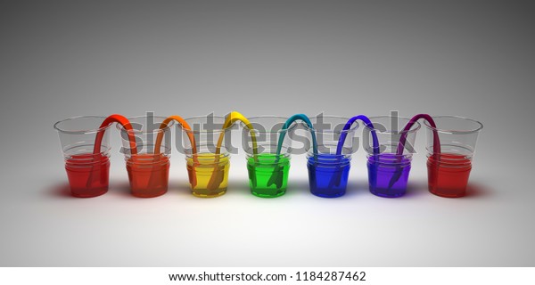 Rainbow walking water experiment on empty\
background. Concept of science. Glasses in row with colored water\
and wet paper between. 3D\
Render.