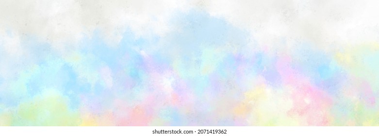 Rainbow Watercolor Background Painting In Pastel Pink Blue White And Yellow Green Colors With Painted Watercolor Wash Texture Fantasy Fluffy Clouds Wallpaper. Funny Kids Dream Paint Design	