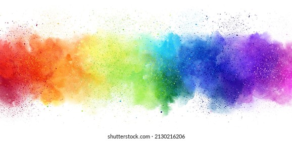 Rainbow watercolor banner background on white. Pure vibrant watercolor colors. Creative paint gradients, fluids, splashes and stains. Abstract creative design background.