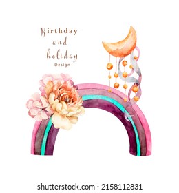 Rainbow Watercolor, Chocolate Castle, Sweet Dream. Festive Frame For Text With Moon And Ribbon And Flowers. Birthday And Holidays. Clipart Isolated On White Background.