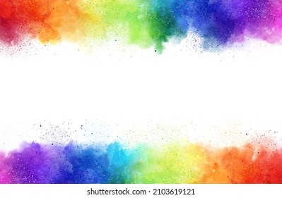 Rainbow watercolor frame background on white. Pure vibrant watercolor colors. Creative paint gradients, fluids, splashes and stains. Abstract creative design background.