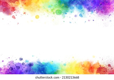Rainbow watercolor frame  background on white. Pure vibrant watercolor colors. Creative paint gradients, splashes and stains. Abstract creative design background.