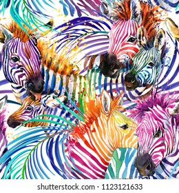 Rainbow Zebra Seamless Pattern. Tropical Nature Watercolor Illustration. Safari Background