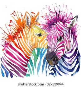 Rainbow Zebra. Watercolor Illustration. Wild Animals. African Nature. Fashion Design. Exotic Wildlife.