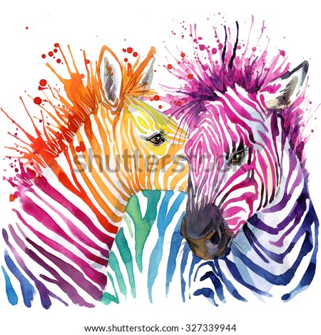 Rainbow Zebra. watercolor illustration. wild animals. african nature. fashion design. exotic wildlife.