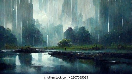 Raining in the forest, 3D illustration, 3D rendering.