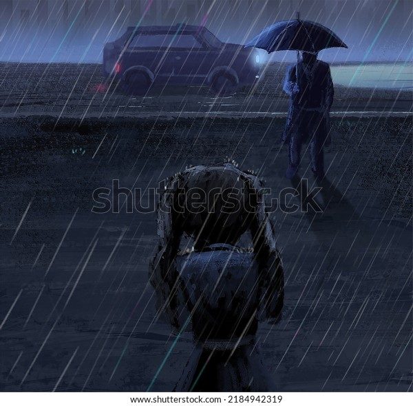 It was Raining. Mystery Man with Umbrella\
and a car as well as a Girl without Umbrella. Concept Art Scenery.\
Book Illustration. Video Game Scene. Serious Digital Painting. CG\
Artwork Background.`