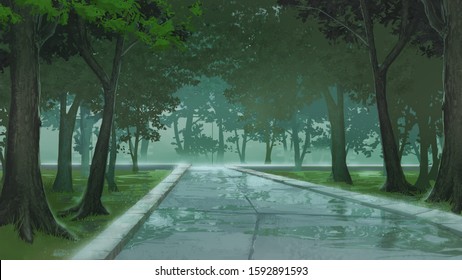A Raining Park For Anime/animation Background 
