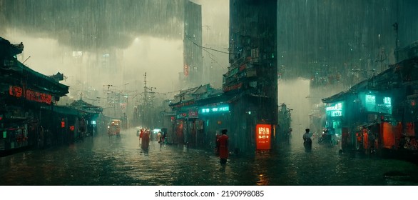 A Rainy Dystopian Asia Street