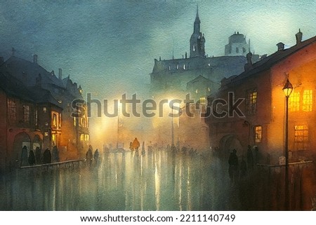 Rainy evening in an old town. Foggy square with lighted lanterns. Watercolor painting