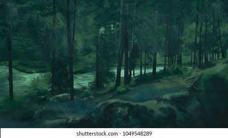 Rainy Forest. A Road Near Speedy River.