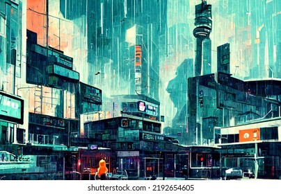 Rainy Landscape Of A City In The Near Future.