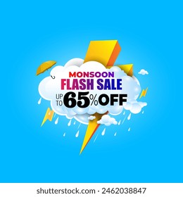 Rainy Monsoon clouds umbrella and sky background with Monsoon Flash Sale up to 65% off deal discount offer poster banner design. - Powered by Shutterstock