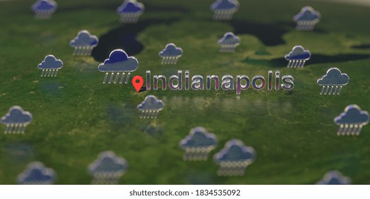 Rainy Weather Icons Near Indianapolis City On The Map, Weather Forecast Related  3D Rendering