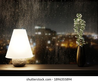 Rainy Window With Shelf. Night Interior. 3D Rendering.