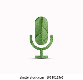 Raise Your Voice For A Healthy Environment. Save The Planet Concept. Raised Up A Speech  Protest For Environment. 3D Leaf Shape Isolated On A Microphone Icon. O2 Or Free Oxygen. 