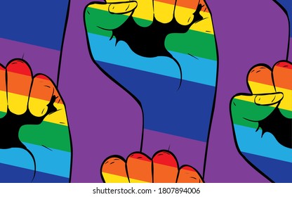Raised clenched fist in rainbow colors, fight for lgbt rights concept, pattern background.