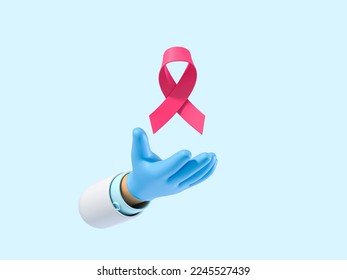 Raised doctor hand with gloves and pink ribbon symbol of breast cancer awareness. isolated pastel blue background with copyspace.  3d render - Powered by Shutterstock