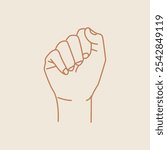 Raised fist clipart, BLM activism campaign. Doodle drawing of fist hand line art illustration. Human hand drawing minimal simple doodle illustration drawing on simple plain square.