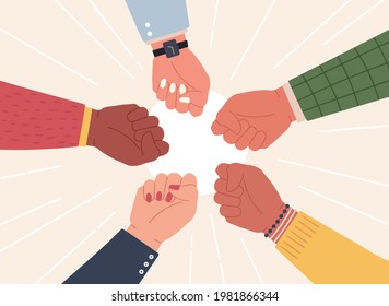 Raised fists. Successful team hands up to celebrate win. Diverse community fight and protest. Partnership, cooperation work  concept. Illustration success team, fist hands up - Powered by Shutterstock