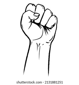 Raised Hand Showing A Fist, A Symbol Of Strength And Superiority, Success, Struggle For Its Dip, Sketch Black And White Illustration,