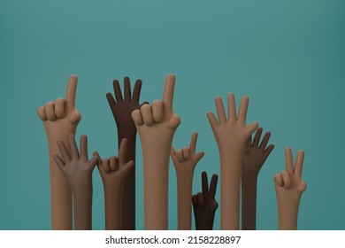 Raised hands of different race skin color,black history month, brown skin, prejudice discrimination activism, african american, people of color. Diversity concept. 3D Rendering illustration. - Powered by Shutterstock