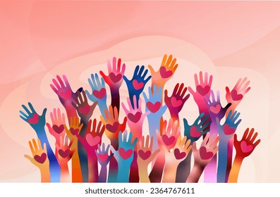 Raised hands of volunteer people holding a heart. People diversity. Charitable donation. Support and assistance. Multicultural community. NGO. Aid. Help. Volunteerism. Teamwork. Banner - Powered by Shutterstock