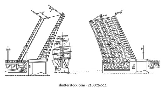 Raising Palace Bridge Across Neva River In Saint Petersburg Russia, Line Art Architecture Drawing, Hand Drawn City Scape Illustration On White Background