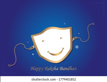 Raksha Bandhan (Rakhi) Indian Brother And Sister Festival Concept, Text Calligraphy And Safety Mask With Smile Illustration