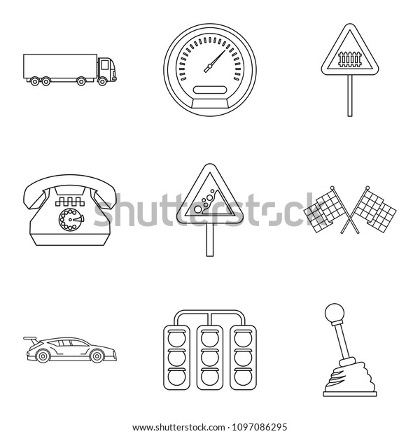 Rally icons set. Outline set of 9 rally icons\
for web isolated on white\
background
