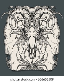 Ram skull and horns   flowers  Animal skull drawn in engraving style  