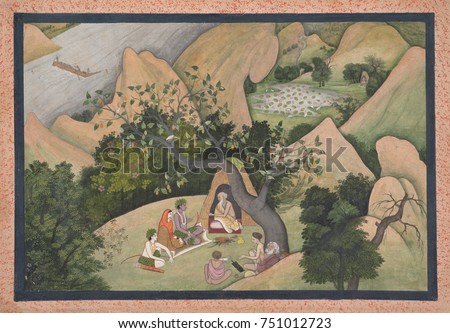 RAMA, SITA, AND LAKSHMANA AT THE HERMITAGE OF BHARADVAJA, Hindu, painting, opaque watercolor. The sage Bharadvaja, a revered Vedic Arya sage is seated in his wilderness forest shelter, and advises Ram
