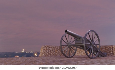 Ramadan cannon. Gun firing at sunset time. Ramadan Kareem. Muslims holy month of Ramadan. Festive. Greeting card. Stones in the background. Purple sky color. Space for text. 3D Render.