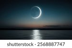 Ramadan Crescent Moon Over Tranquil Water Night Sky Nature Photography Serene Reflection