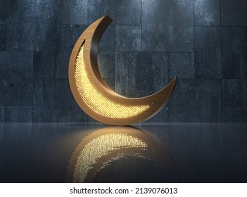 Ramadan crescent on modern wall background. Luxury Ramadan background. Design creative concept of islamic celebration day ramadan kareem or eid al fitr adha, copy space text area, 3D illustration.