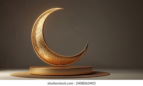 Ramadan crescent on modern wall background. Luxury Ramadan background. Design creative concept of islamic celebration day ramadan kareem or eid al fitr adha, copy space text area, 3D illustration. - Powered by Shutterstock