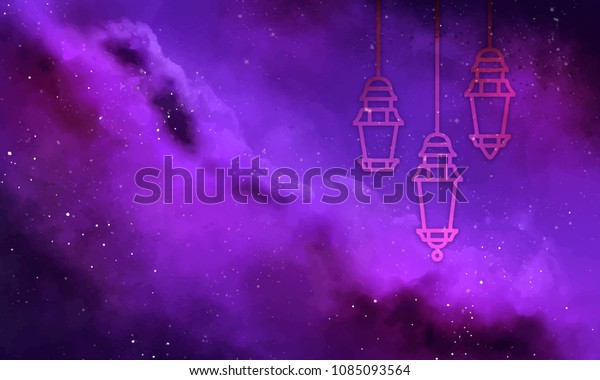 Ramadan\
decorative lights on colorful\
background