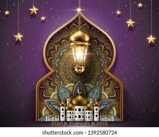 Ramadan Design With Gorgeous Mosque And Arabesque Patterns On Purple Glitter Background